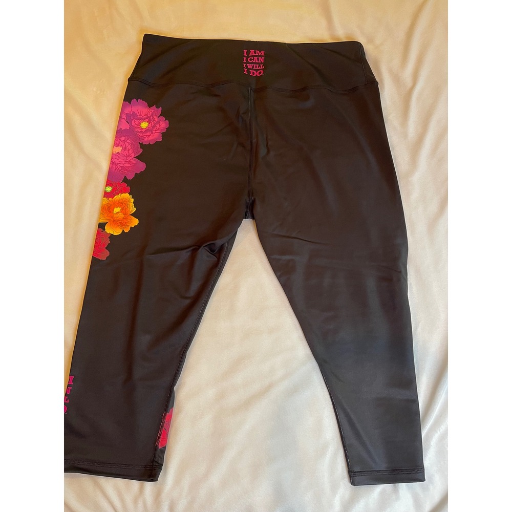 KALI Miami Fitwear Black Floral Motivational Capri Leggings 2X I Am I Can I Will - Picture 9 of 11